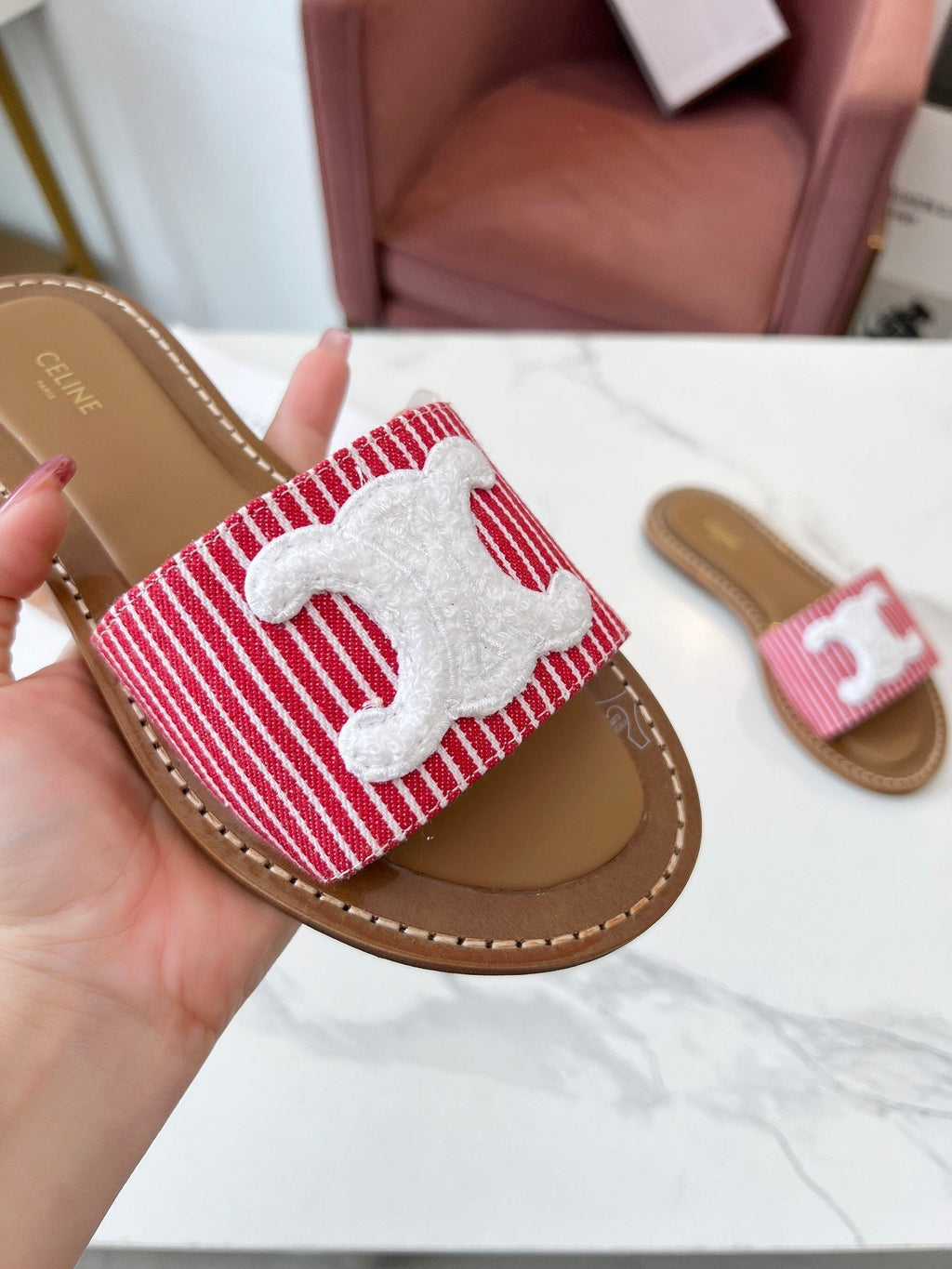 Celine 25C Slippers Red mix White Fabric with Calfskin 238167