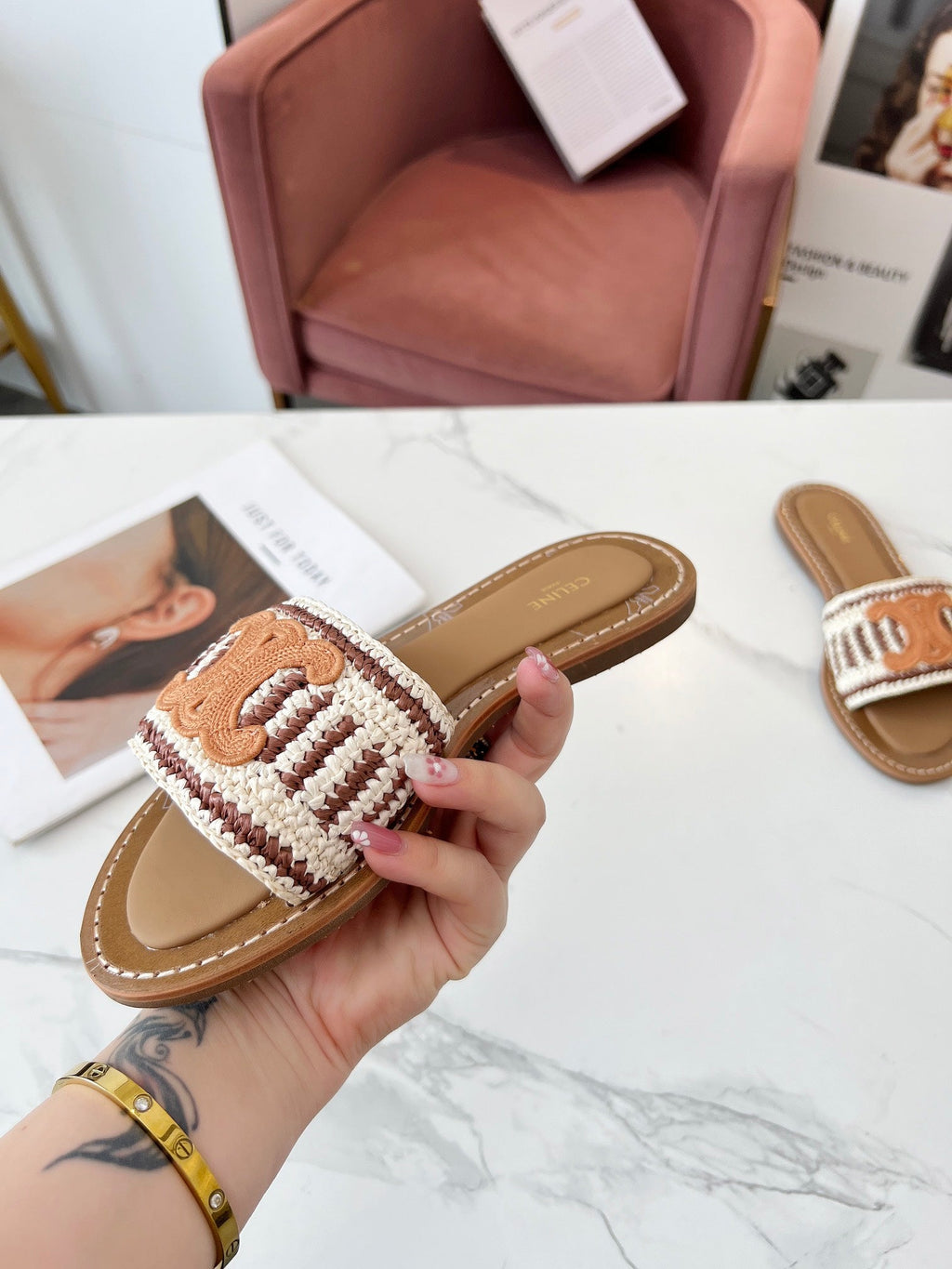 Celine 25C Slippers Beige mix Cantaloupe Fabric with Calfskin 238159