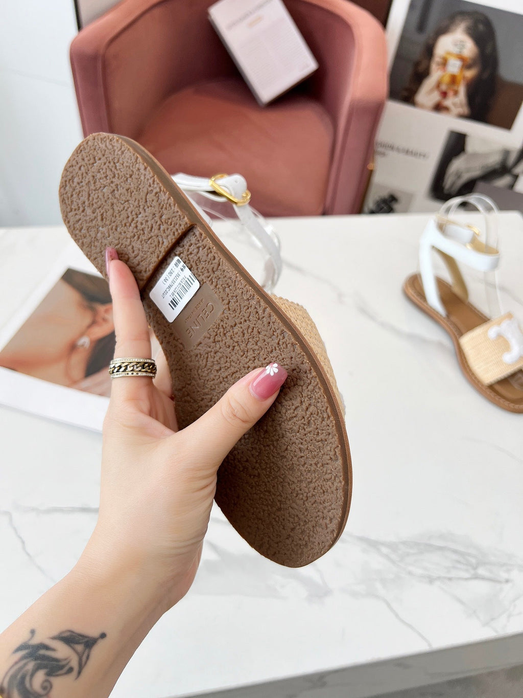 Celine 25C Lympia Sandal Beige mix White Fabric with Calfskin 238161