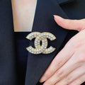 CHANEL 26S DOUBLE C LOGO FULL PAVE CRYSTAL BROOCH IN GOLD METAL 630079