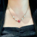 CC Flower Vintage Red Pearl Gold Necklaces