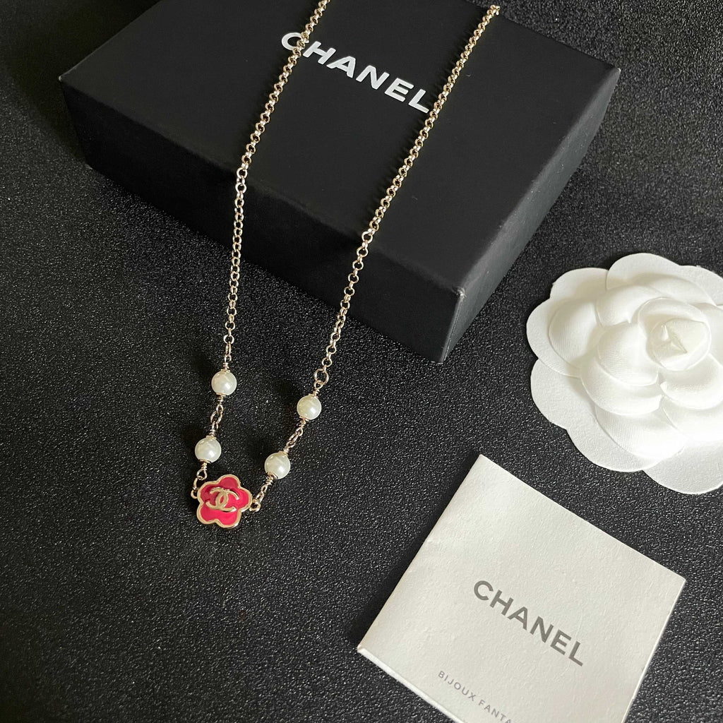 CC Flower Vintage Red Pearl Gold Necklaces