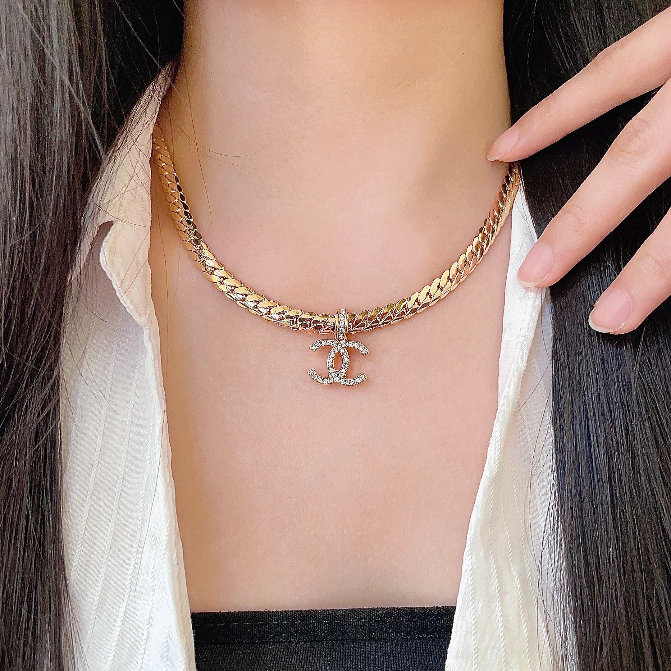CC Plated Curb Chain Gold Diamond Necklace