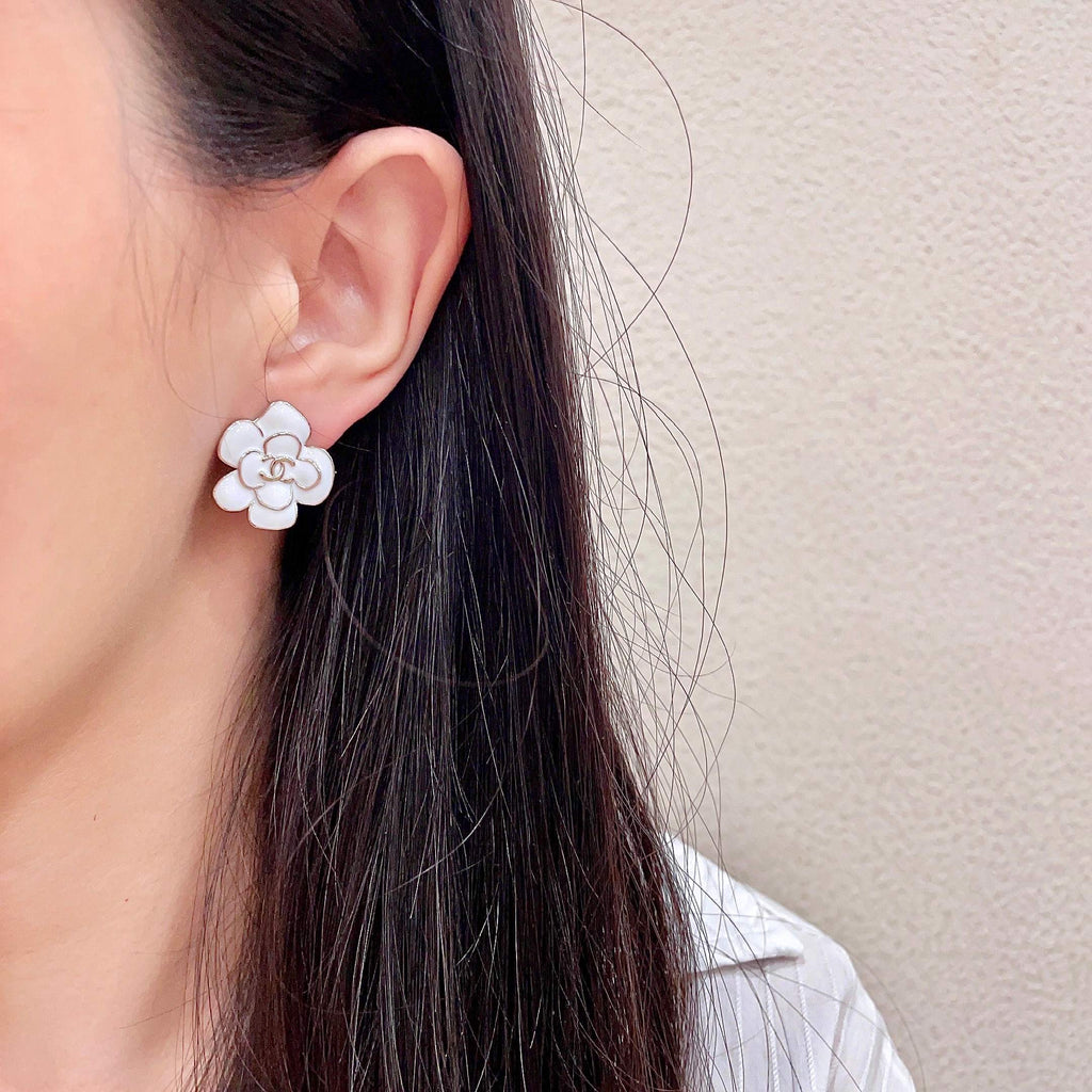 CC Camellia Double C White Gold Earrings