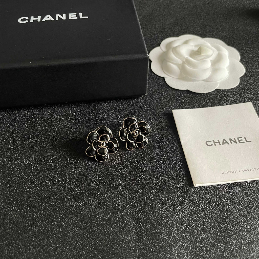 CC Camellia Double C Black Gold Earrings