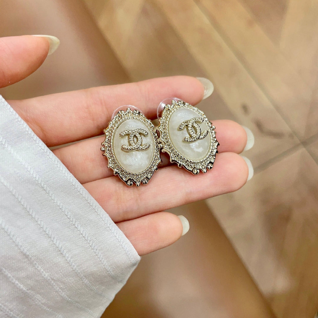 CC Double C White Pearl Gold Earrings