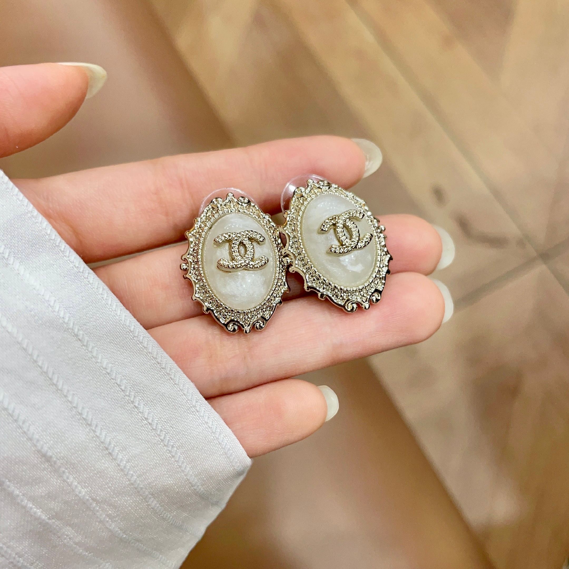 CC Double C White Pearl Gold Earrings