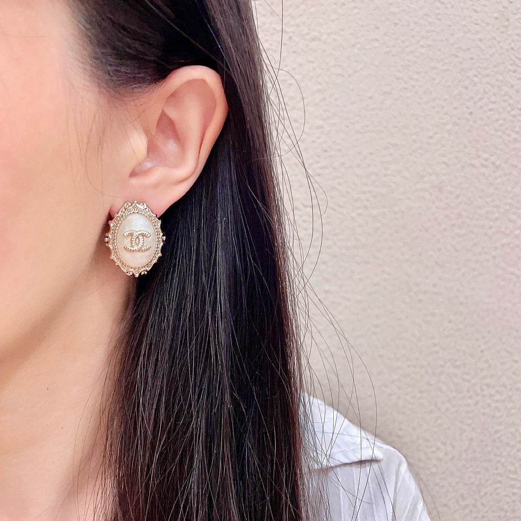 CC Double C White Pearl Gold Earrings