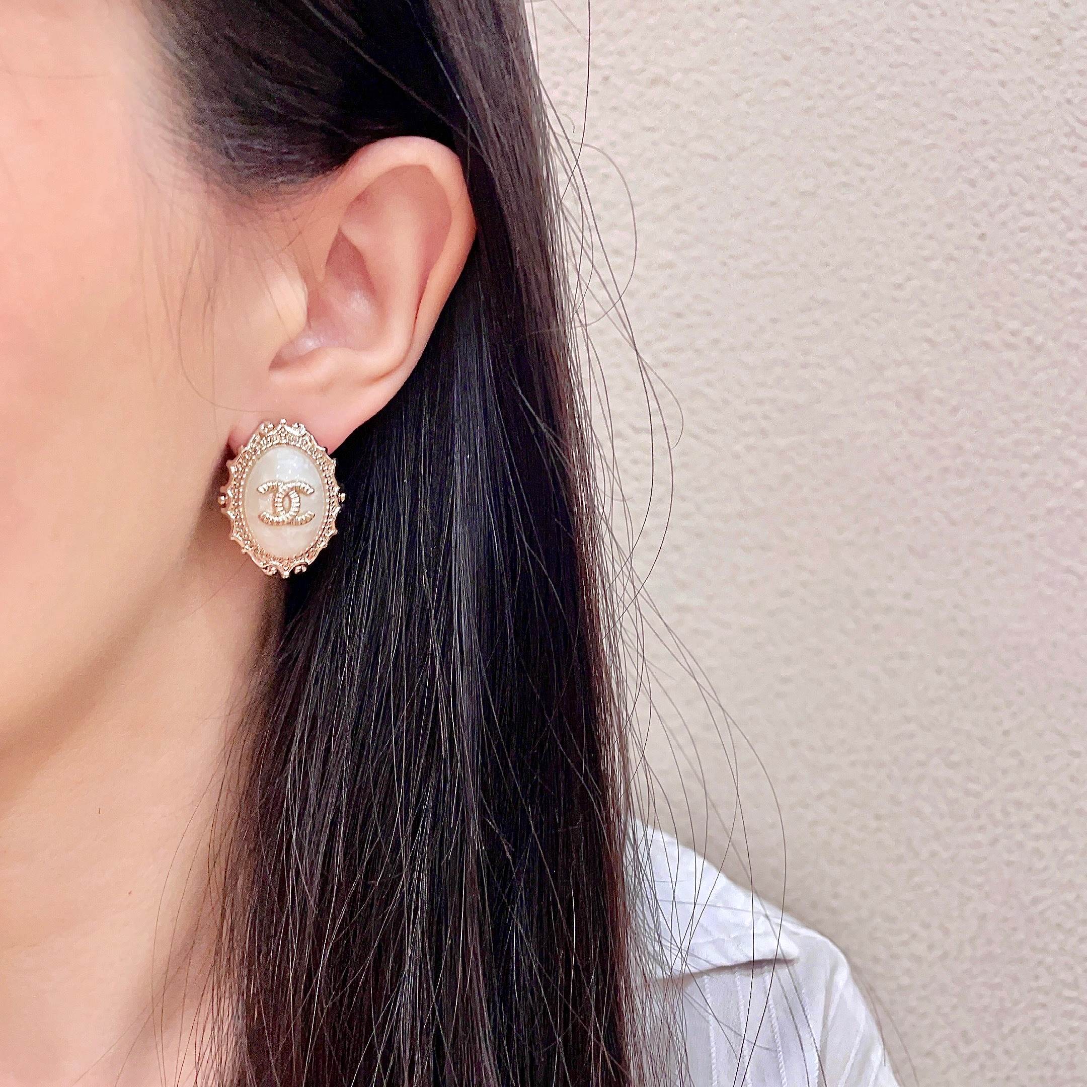 CC Double C White Pearl Gold Earrings