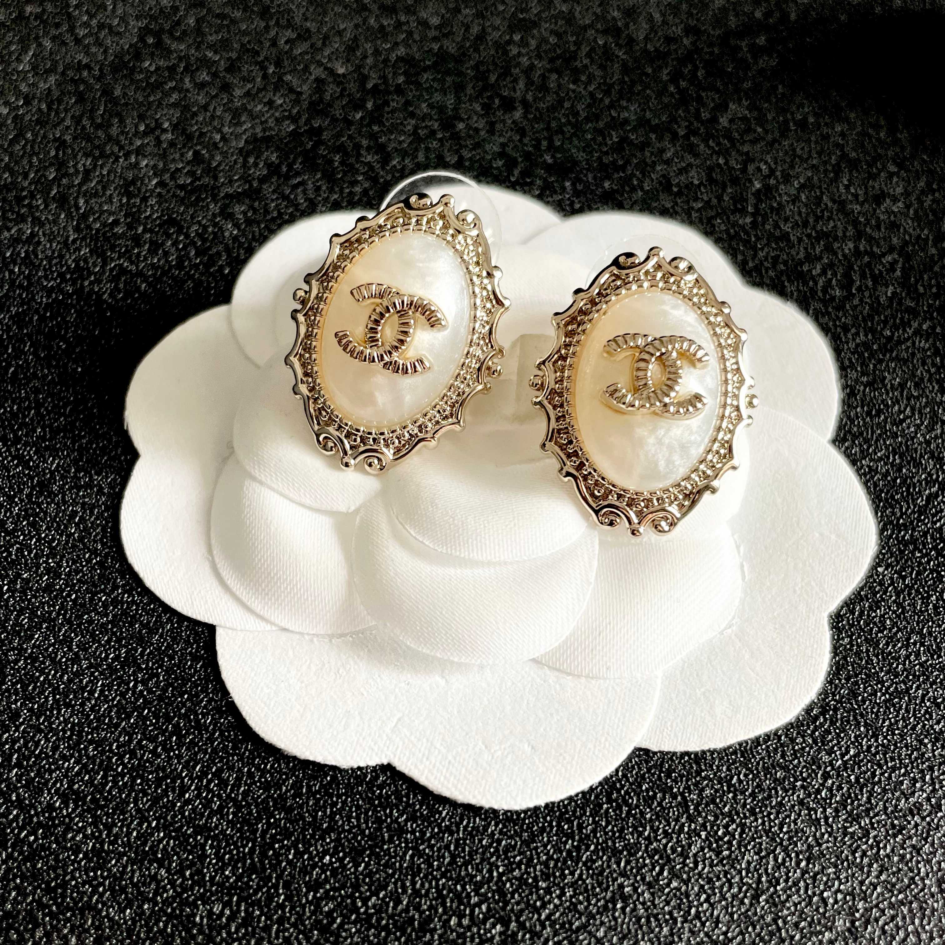 CC Double C White Pearl Gold Earrings
