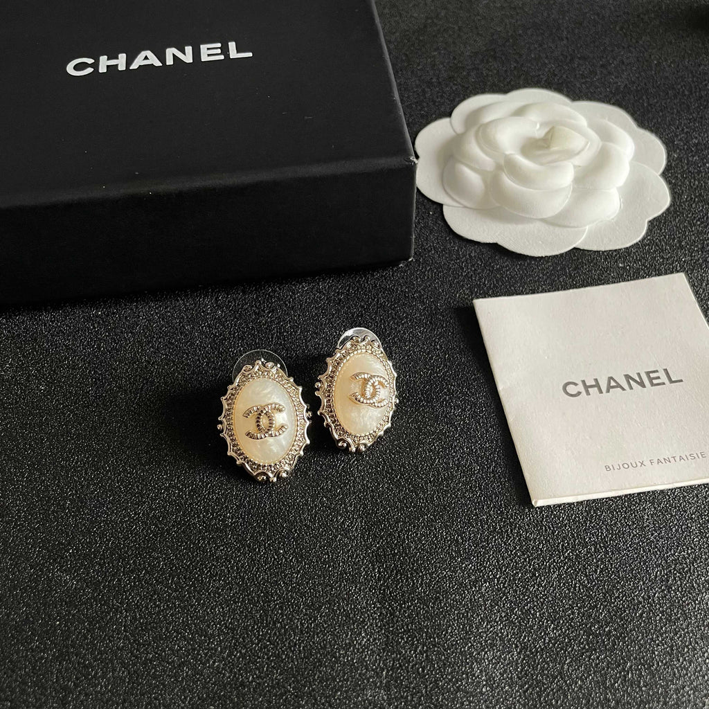 CC Double C White Pearl Gold Earrings