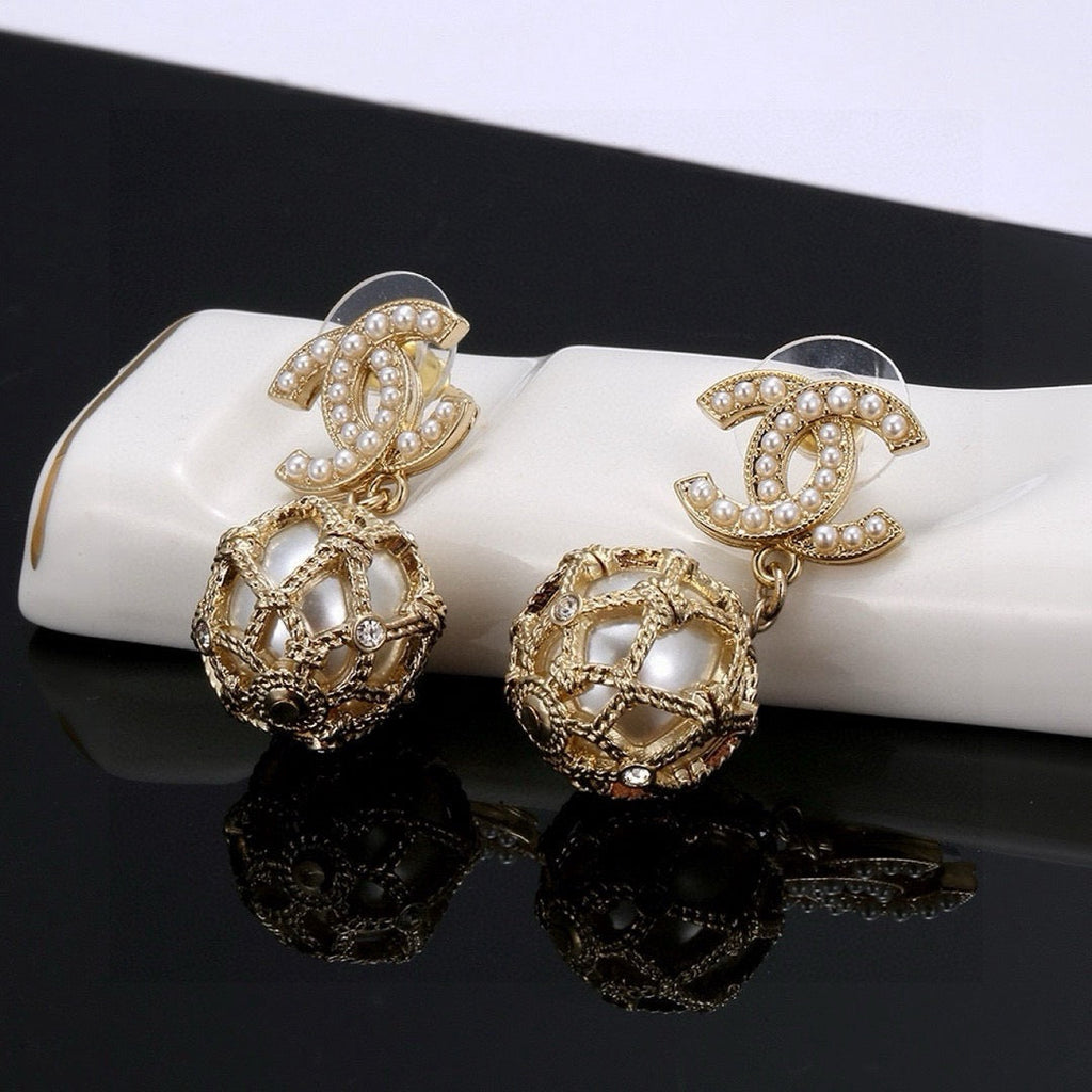 CC Double C Gold Diamond Pearl Earrings