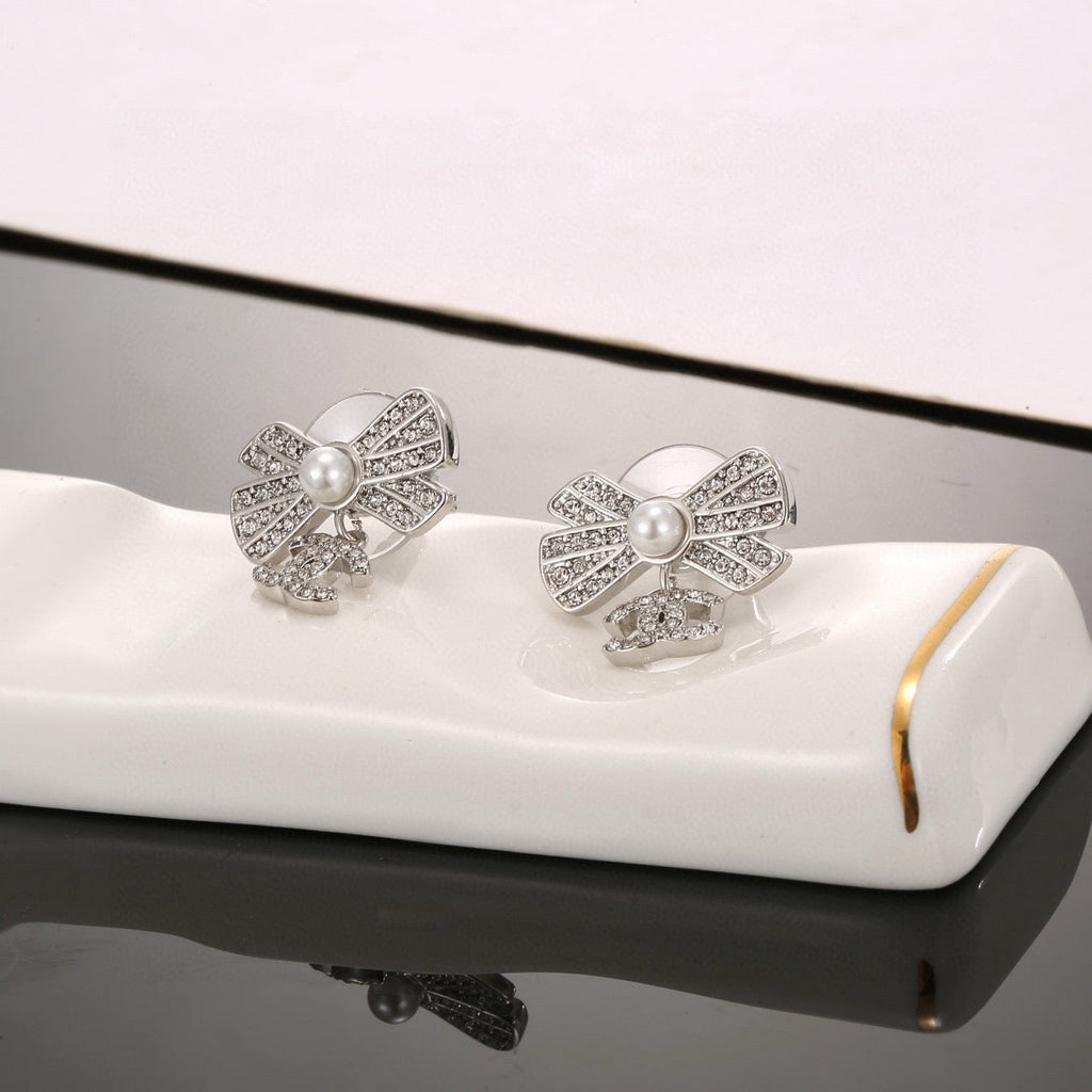 CC Double C Bow Sliver Diamond Pearl Earrings