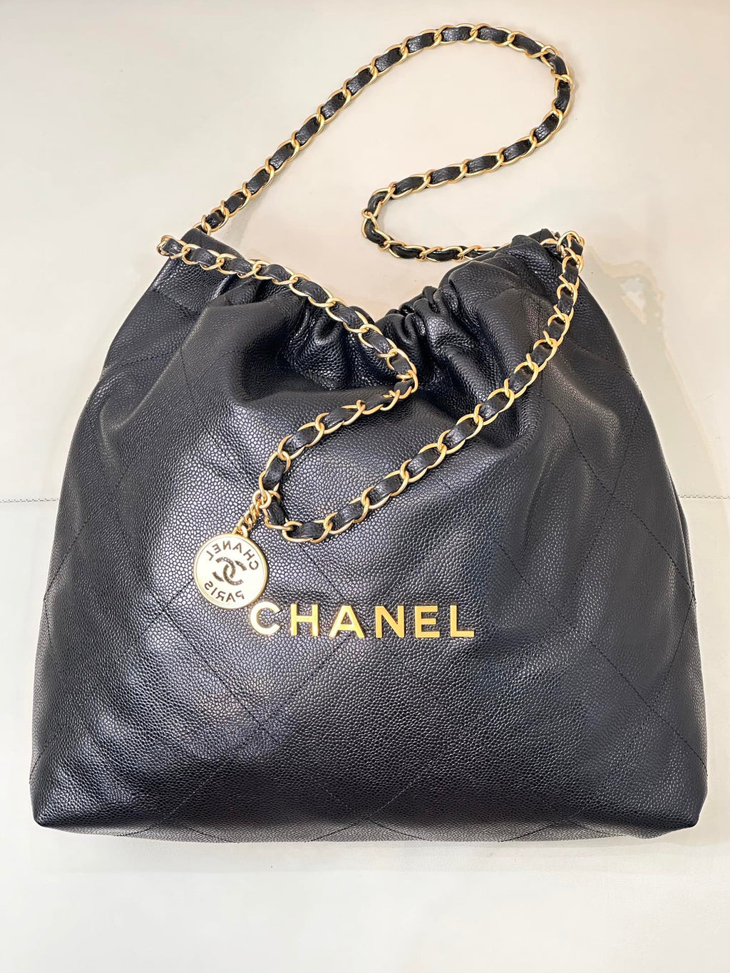 CC 22 Hobo Bag 42cm Black Grained Calfskin Gold Hardware