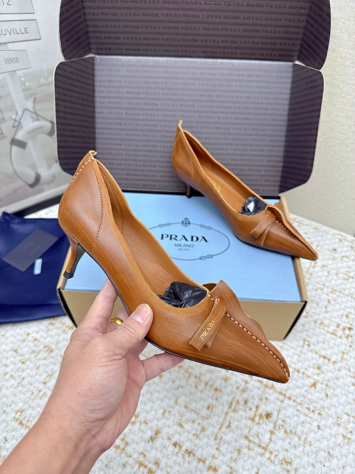 PRADA 26S ANTIQUED LEATHER PUMPS 55MM IN TAN BROWN CALFSKIN