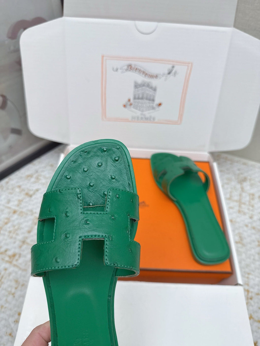 HM 26ss Oran Sandals Green Ostrich Leather 625102