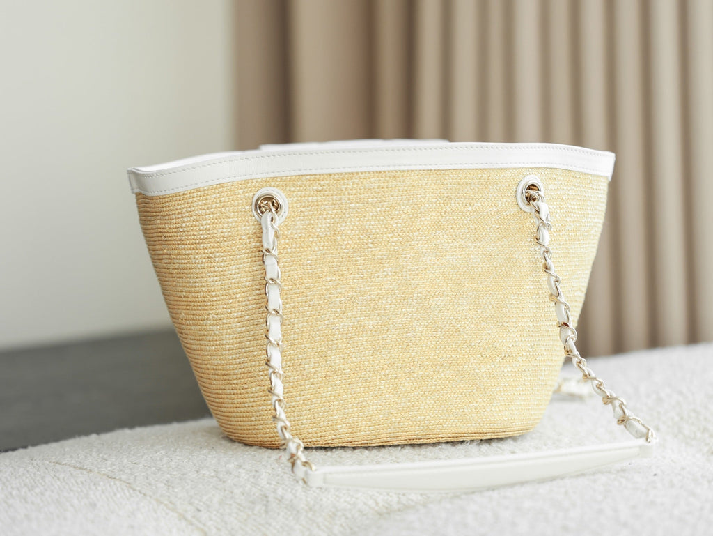 Chanel 2026 Shopping Bag 40cm Beige White Straw Lambskin