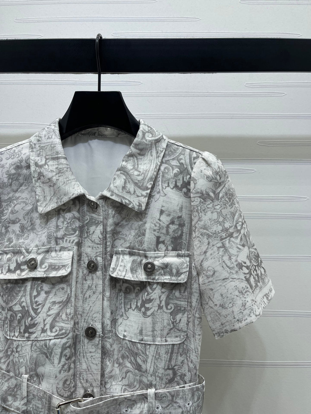 Dior 2026 Collared Print Denim Short-Sleeve Dress White Grey Polyester