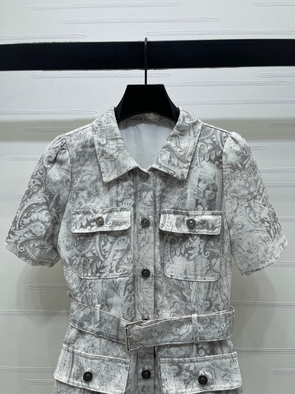 Dior 2026 Collared Print Denim Short-Sleeve Dress White Grey Polyester