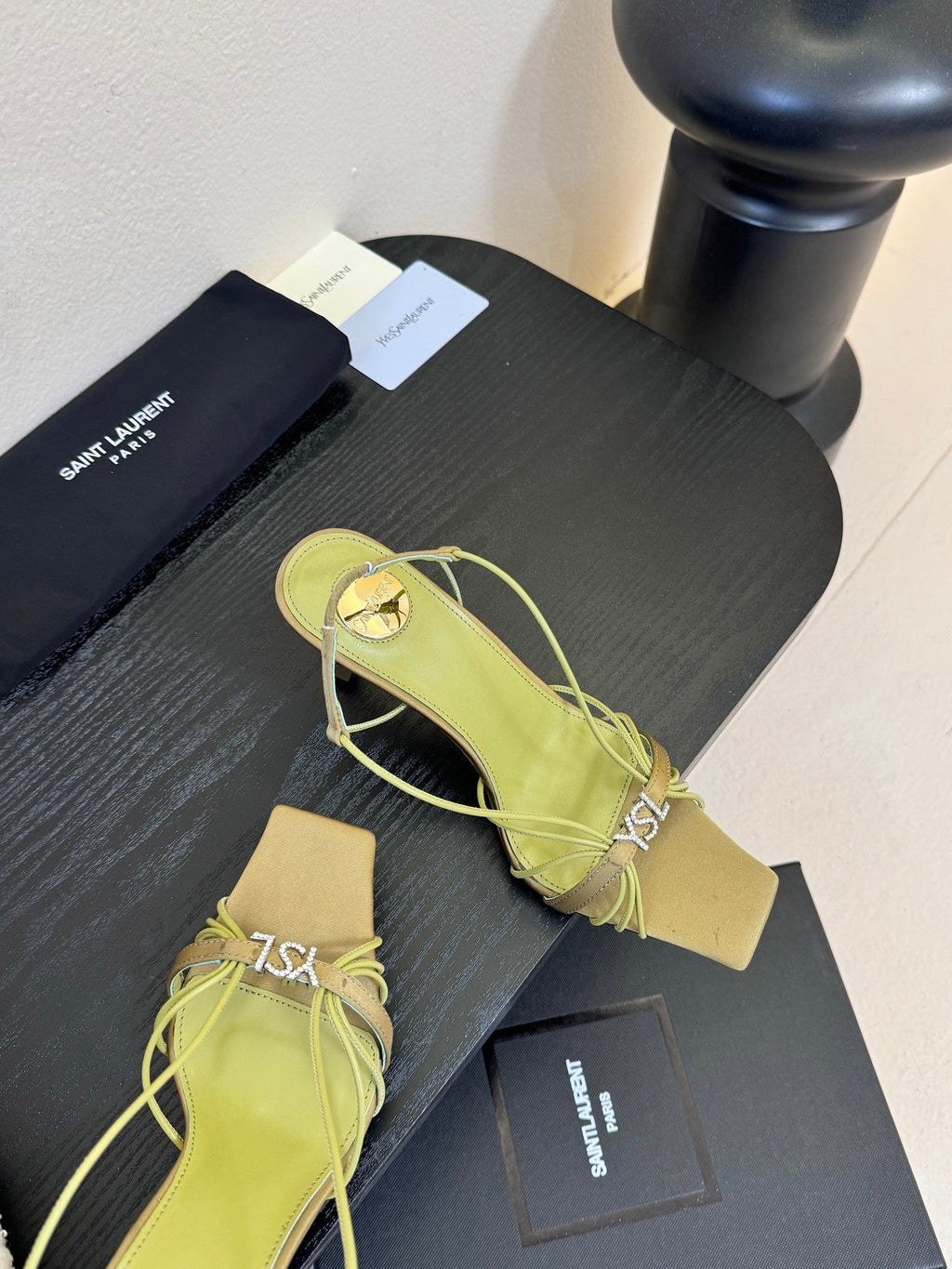 YSL 26ss Square Toe Sandals 70 Light Green Silk Sheepskin 651704