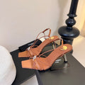 YSL 26ss Square Toe Sandals 70 Tan Brown Silk Sheepskin 651705