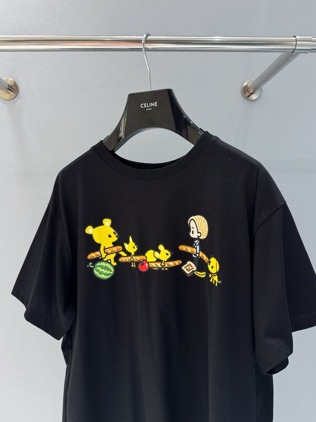 Fendi 25 Baguette Print Round Neck Short Sleeves Black Cotton