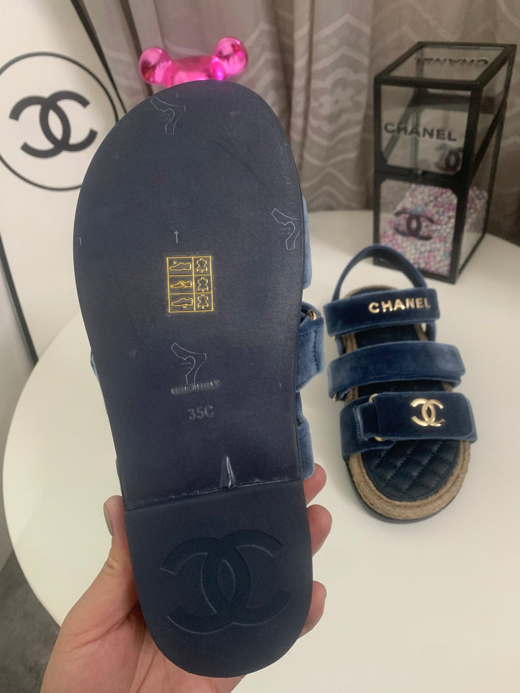 CHANEL 26S STRAPPY SANDALS IN NAVY BLUE VELVET WITH ROPE SOLE GOLD HARDWARE