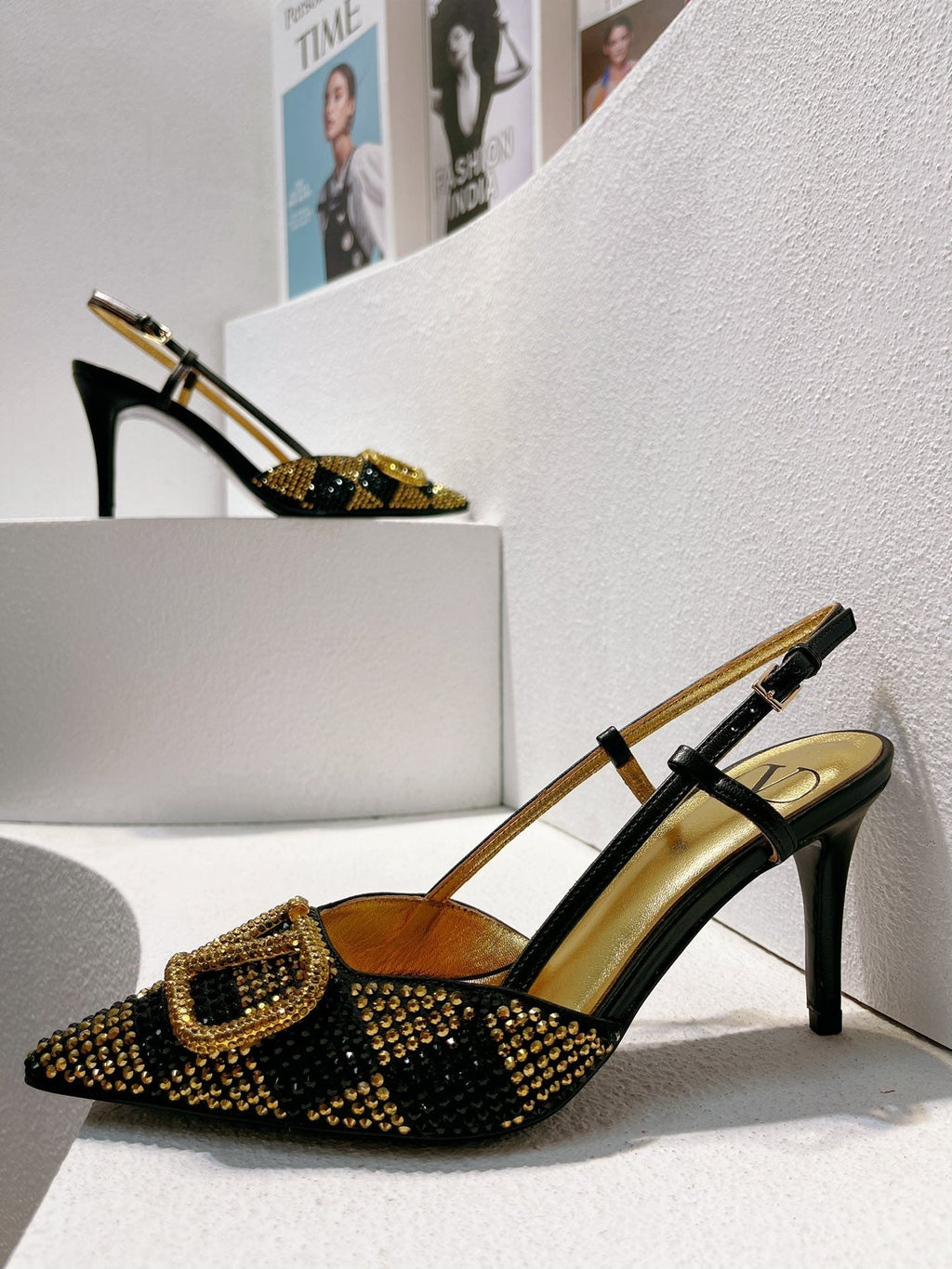 VT High Heeled Slingbacks  Black Gold Sheepskin 292827