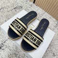 CD 26s Platform Embroidered Sandals Beige Navy Blue Canvas Leather 643501