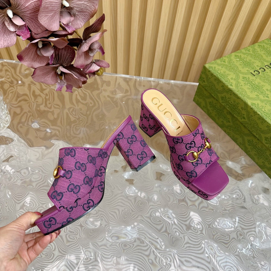 HORSEBIT SLIDE SANDAL IN VIOLET MONOGRAM CANVAS AND SHEEPSKIN LINING