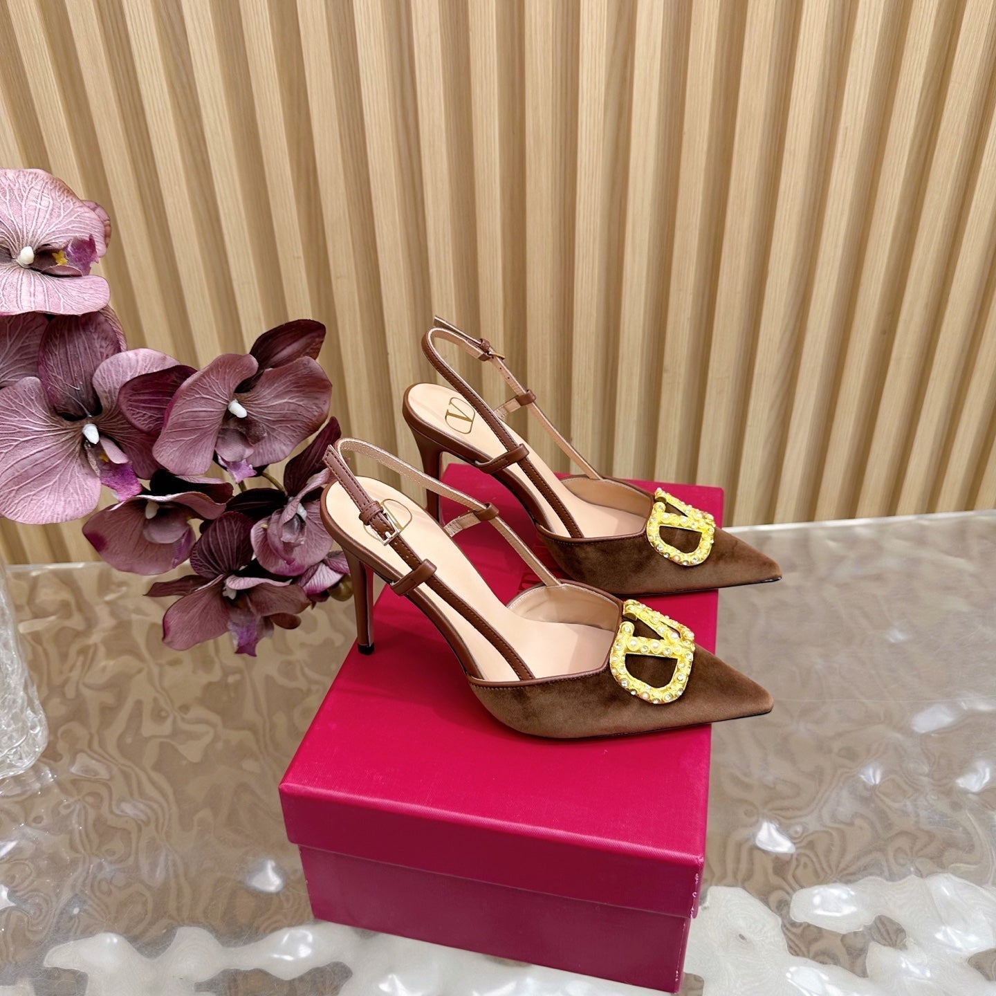 VALENTINO 25S HIGH-HEEL SLINGBACKS IN DARK BROWN VELVET WITH GOLD HARDWARE