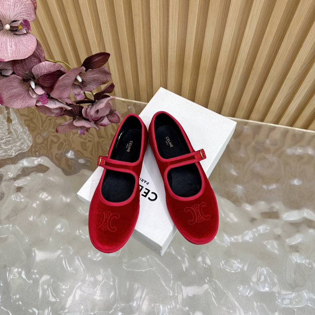 CELINE 26S MARY JANE FLATS IN RED VELVET