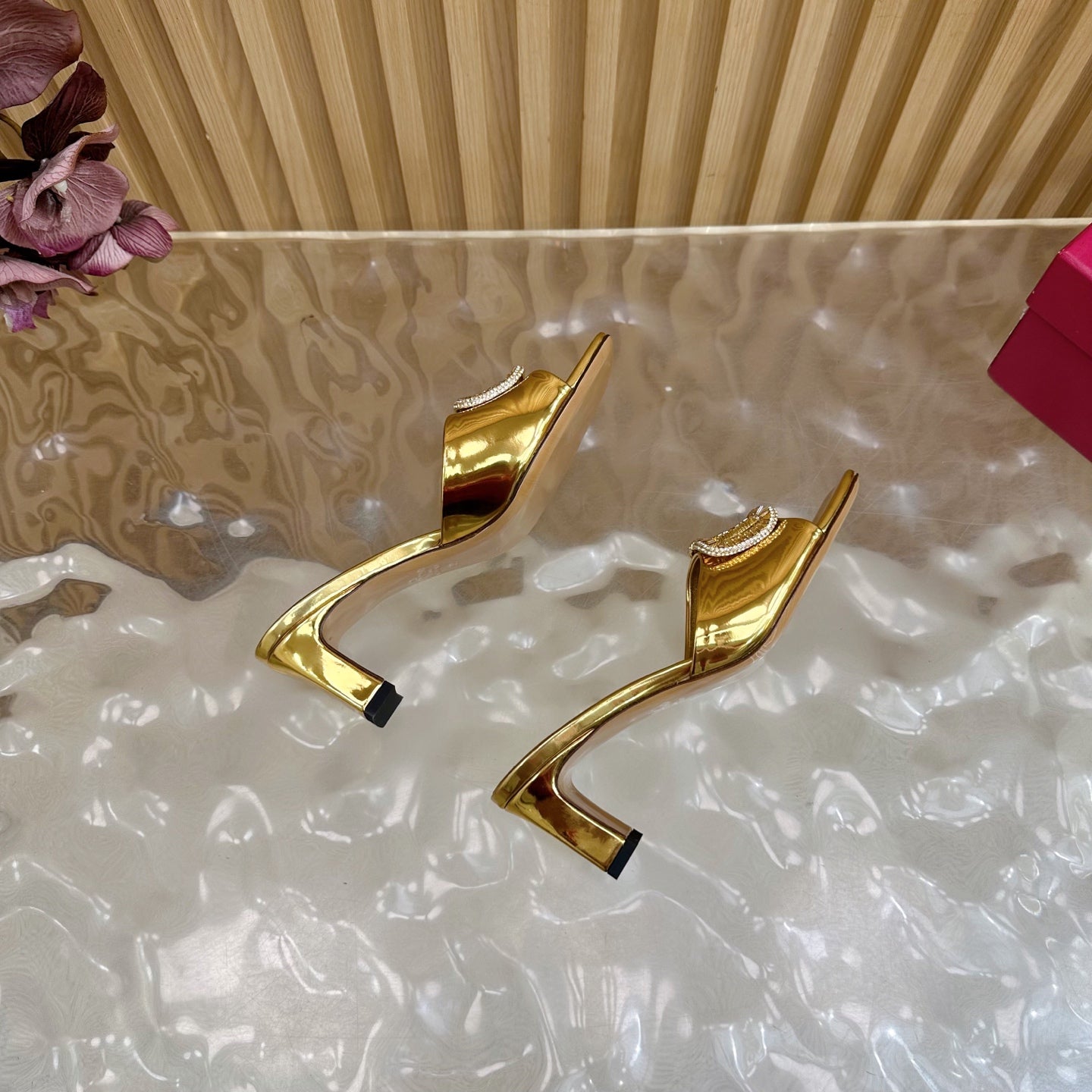 VALENTINO 25S HIGH-HEEL MULES 60 MM IN GOLD PATENT CALFSKIN WITH CRYSTAL-EMBELLISHED STRAP
