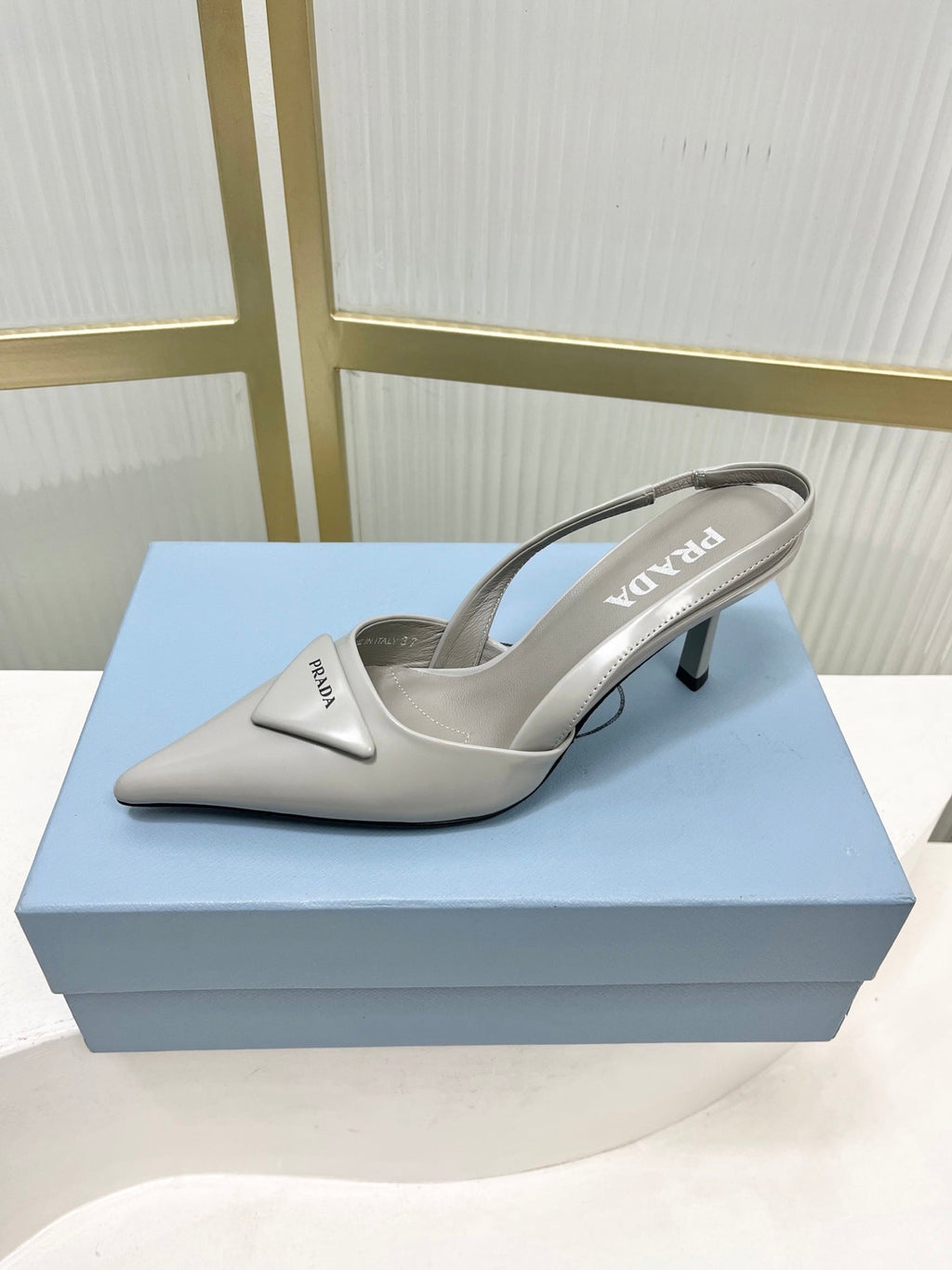 PRADA 26S SLINGBACK HIGH HEEL SANDALS 75MM IN LIGHT GRAY CALFSKIN WITH LOGO