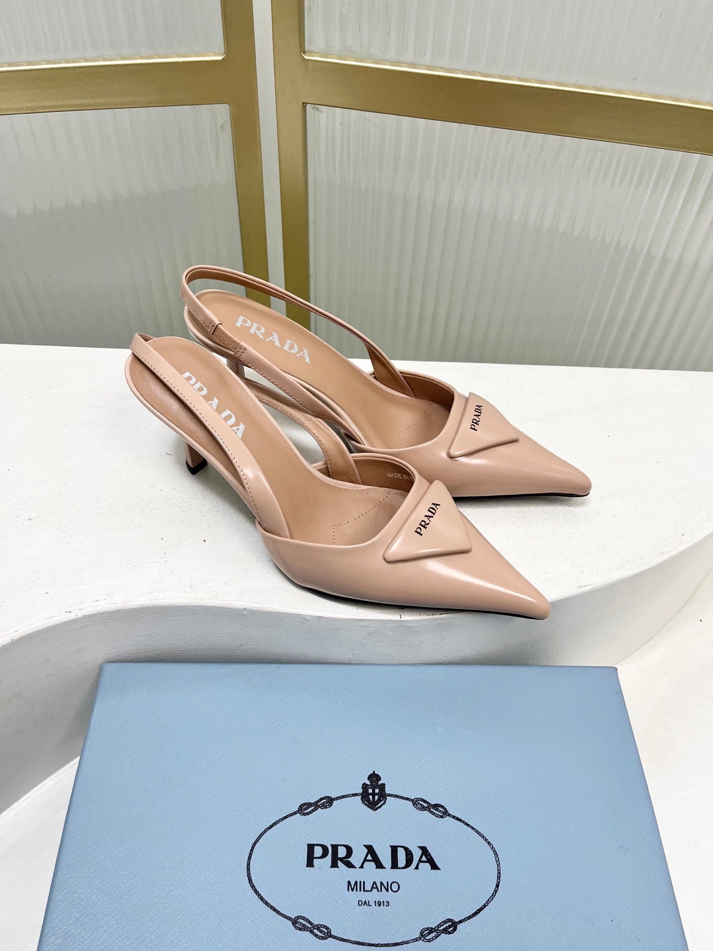 PRADA 26S SLINGBACK HIGH HEEL SANDALS 75MM IN NUDE CALFSKIN WITH LOGO