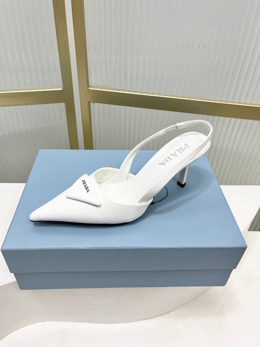 PRADA 26S SLINGBACK HIGH HEEL SANDALS 75MM IN WHITE CALFSKIN WITH LOGO
