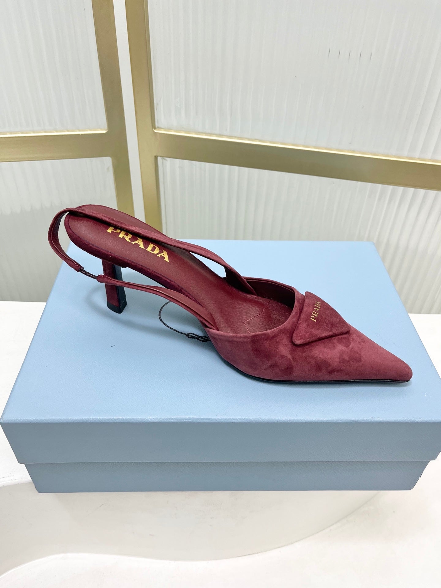 PRADA 26S SLINGBACK HIGH HEEL SANDALS 75MM IN DARK RED SUEDE WITH LOGO