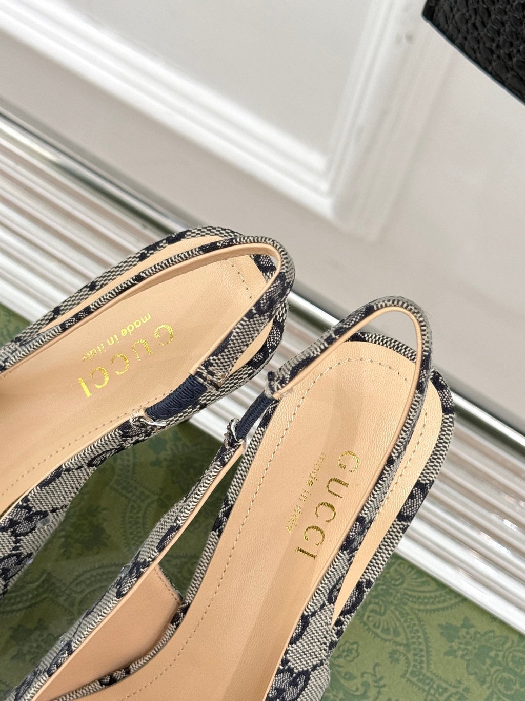 GG Horsebit Slingback 85MM Beige Black Monogram Canvas Point Toe Crystal-Embellished