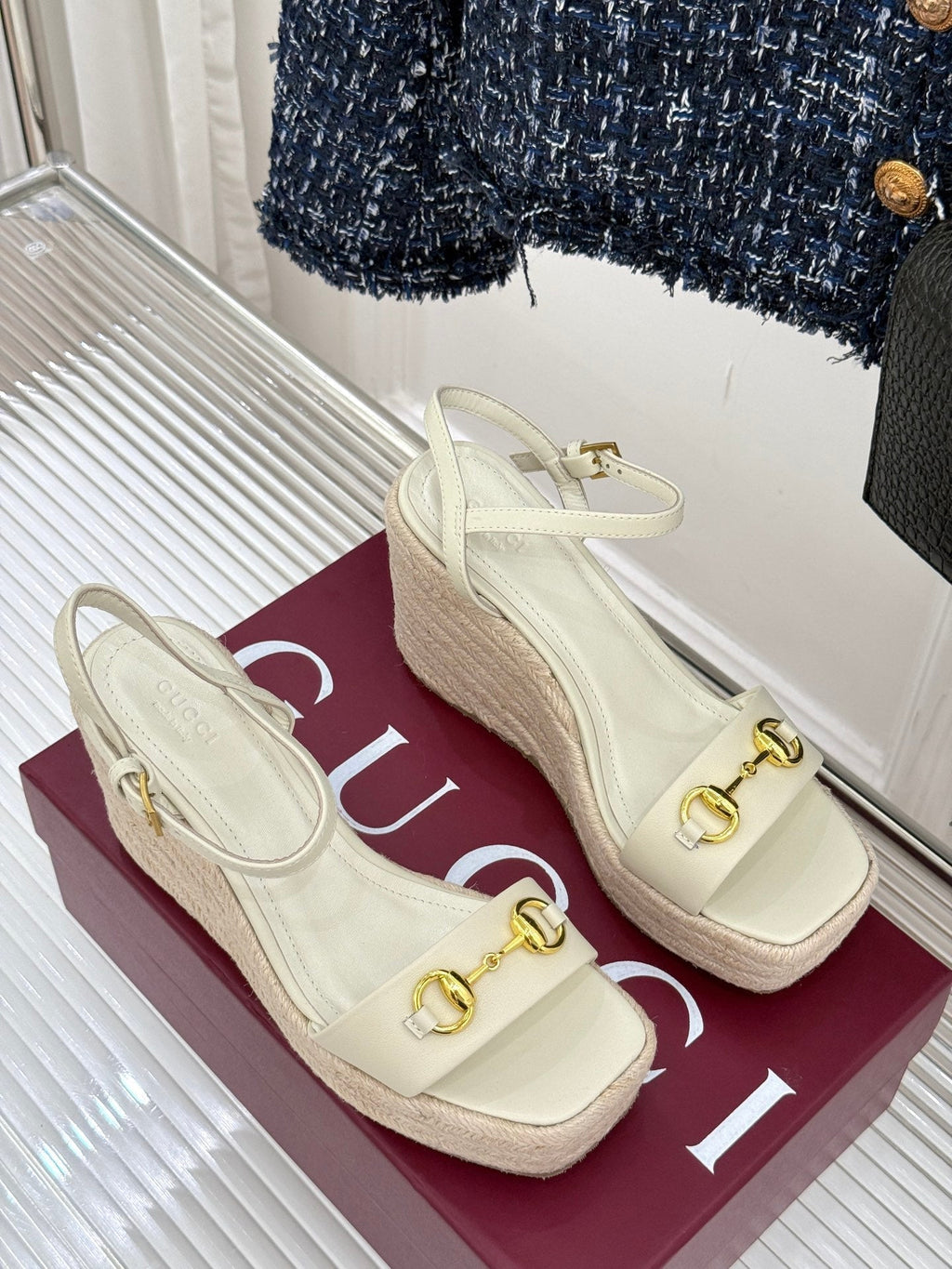 GC Floral Platform Wedge Sandal White lambskin