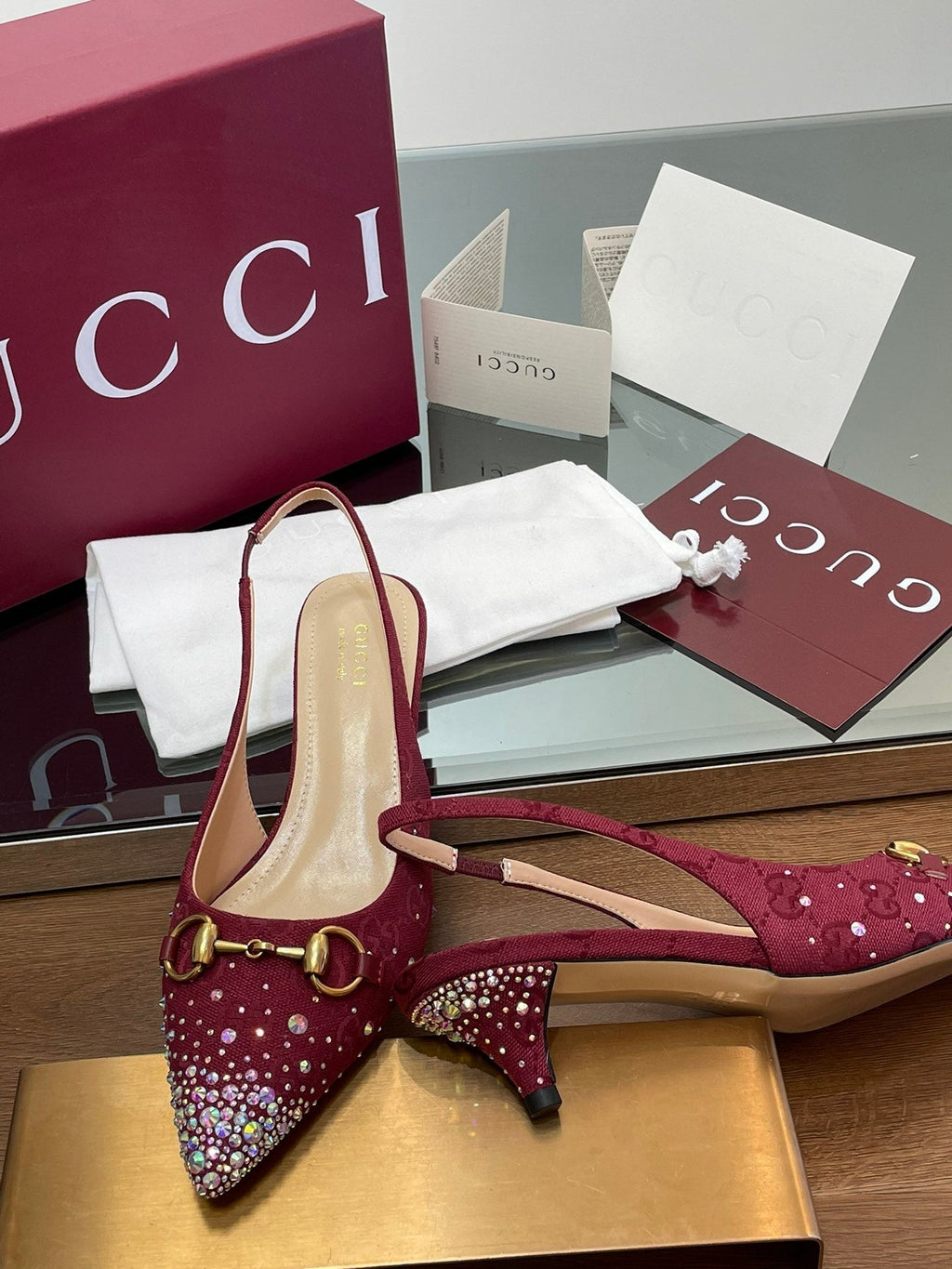 GG Horsebit Slingback 45MM Red Ebony Monogram Canvas Point Toe Crystal-Embellished
