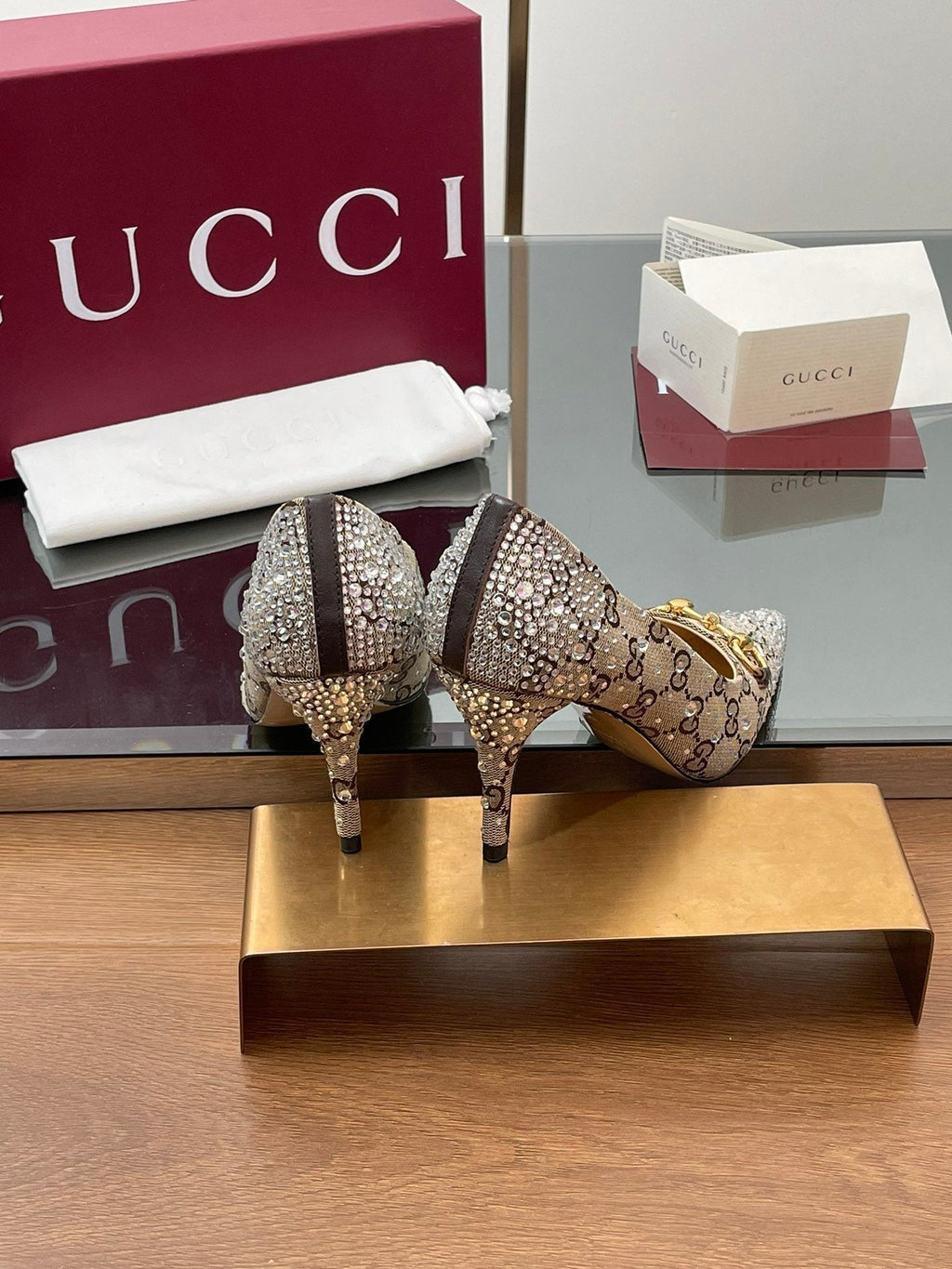 GG Horsebit Pump 85 Beige Ebony Monogram Canvas Crystal-Embellished