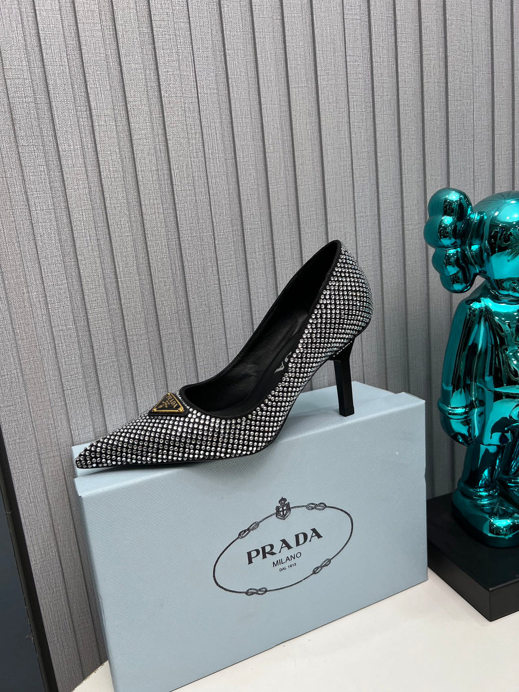 TRIANGLE LOGO HIGH-HEEL PUMPS IN BLACK SATIN WITH WHITE CRYSTALS