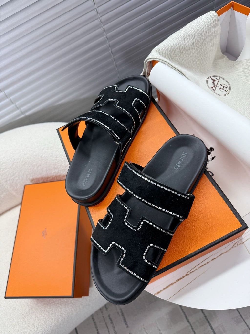HM Chypre Sandal Black Suede and Crystals 205496