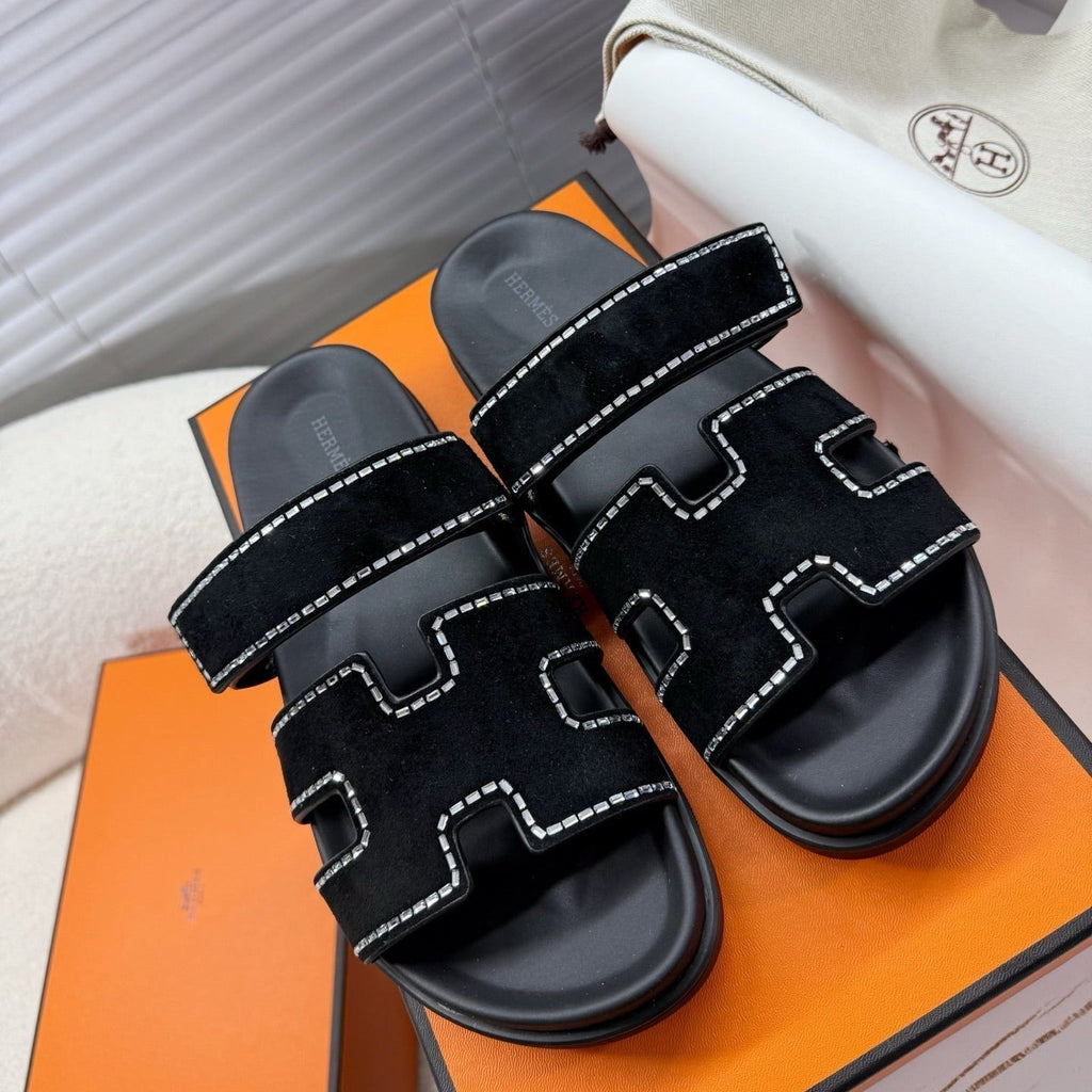 HM Chypre Sandal Black Suede and Crystals 205496