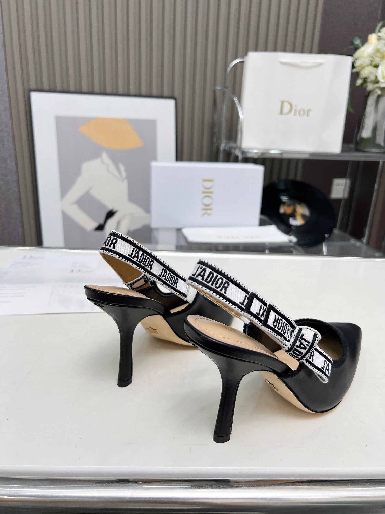 J'ADIOR SLINGBACK PUMP BLACK CALFSKIN AND BLACK EMBROIDERED FABRIC 10 CM