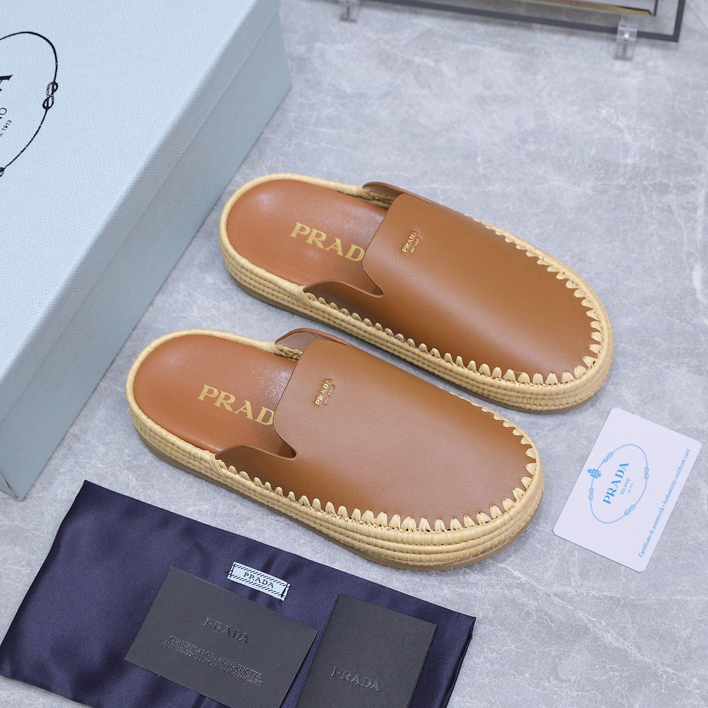 PRADA 26S MULES ESPADRILLES IN BROWN CALFSKIN