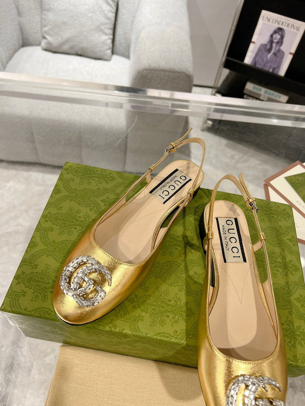 GG CRYSTALS SLINGBACK BALLET METALLIC GOLD CALFSKIN