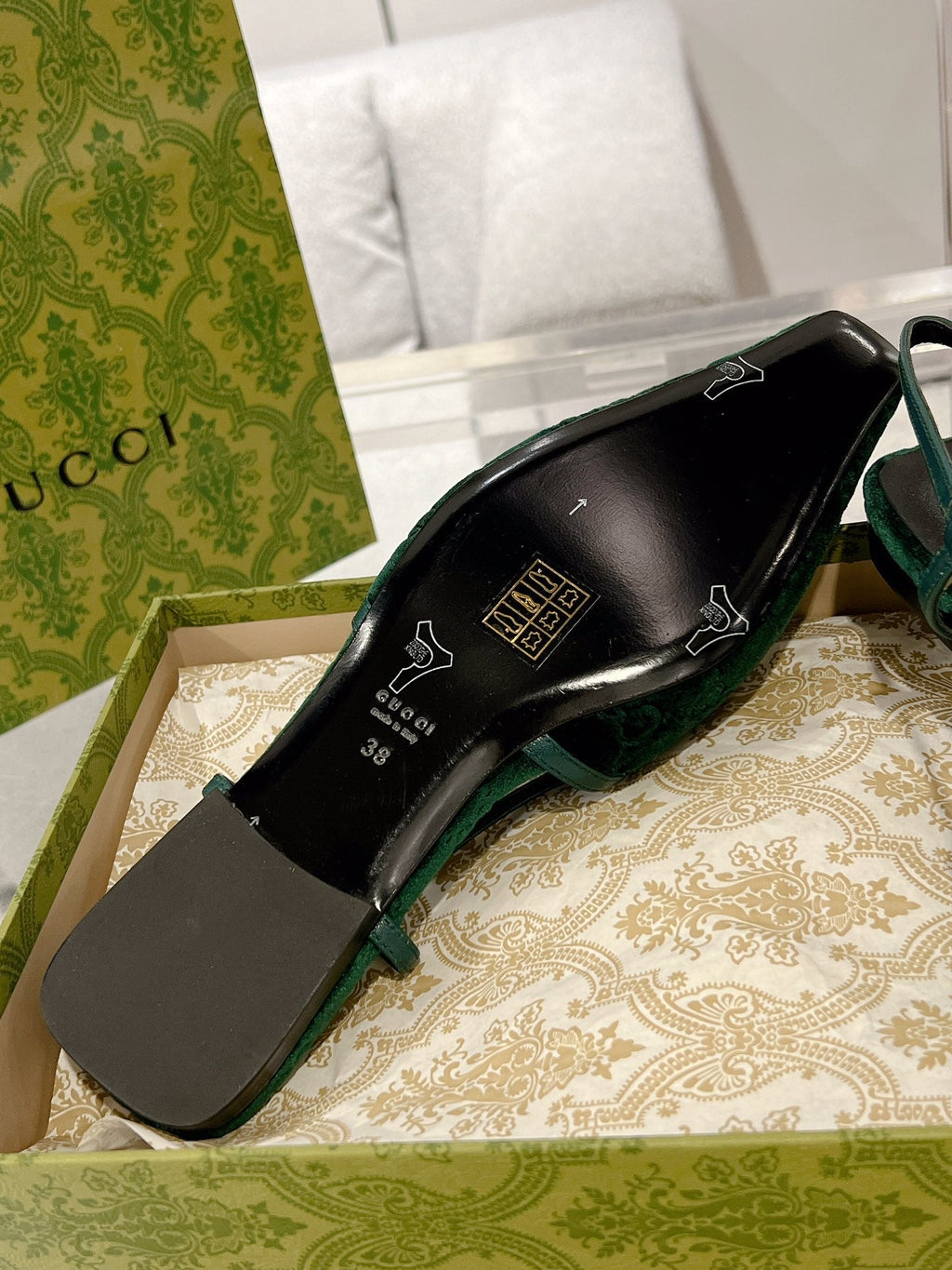 SLINGBACK FLATS IN GREEN FOREST VELVET
