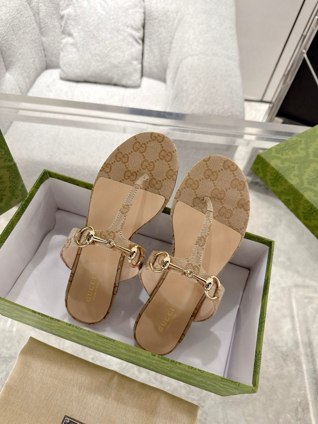 GC Horsebit Thong Sandals Beige Canvas Leather 292475