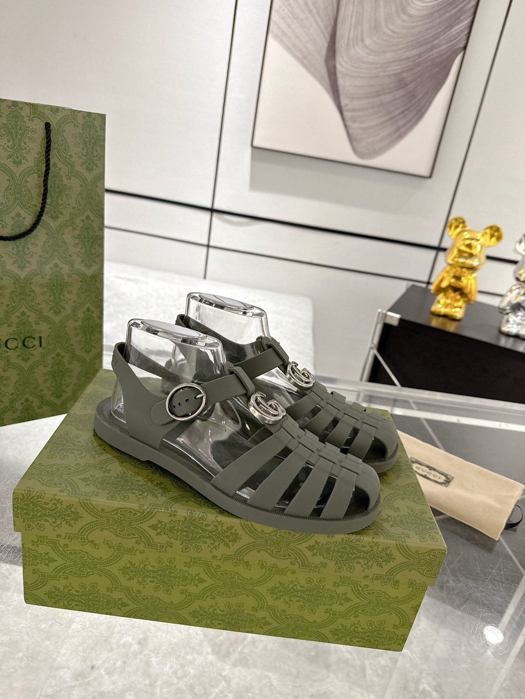 GC 25 Silver Double G Sandal Dark Green Rubber 292429